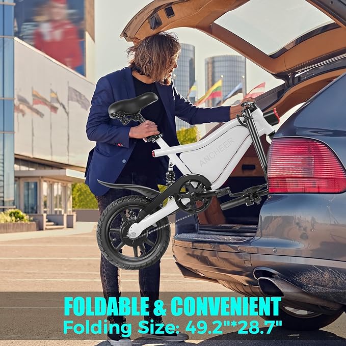 ANCHEER Folding Electric Bike for Adults, 374Wh Ebike, 20MPH Electric Bikes, 14" Foldable Electric Bicycle, 20-50 Miles Electric Bikes, E Bike, LCD Display, Dual Suspension, UL2849 Compliant