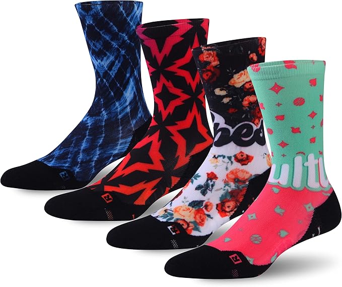 HUSO Unisex Funky Digital Printed Athletic Crew Hiking Cycling Socks 4 Pairs