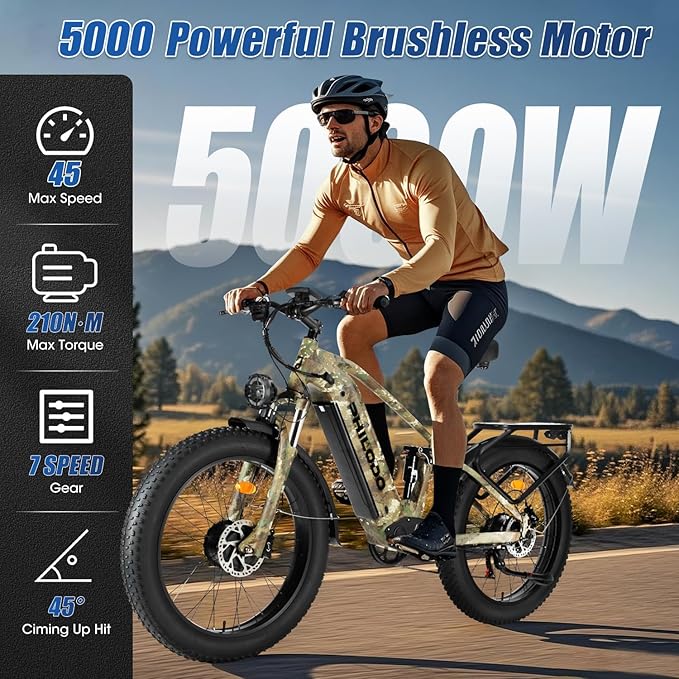 PHILODO Electric-Bike for Adults, Dual-Motor-Ebike Hunting-Ebike 5000W, 60V 32AH Long Range Dirtbike, Fat-Tire-Electric-Bicycle, Full Suspension for Off-Road Snow Sand
