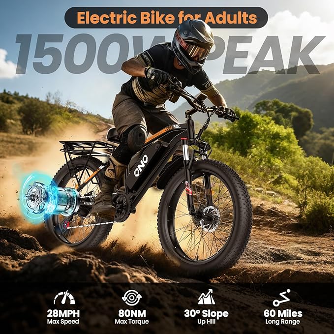 Fat Tire Electric Mountain Bike 1500W Peak, 48V 15Ah Removable Battery,20MPH Speed & 60 Miles Range Electric Bicycles, 26" All Terrain Off Road E-Bike for Adults w/ Lockable Suspension & 7 Speed Gears