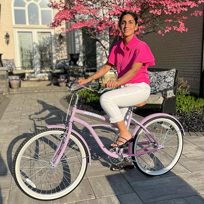 ACEGER 24 26 Inch Women Beach Cruiser Bike, Single Speed and 7 Speed, Adult Hybrid Bike Commuter Bicycle, Hi-Ten Steel Frame with Adjustable Handlebar and Saddle, Multiple Colors