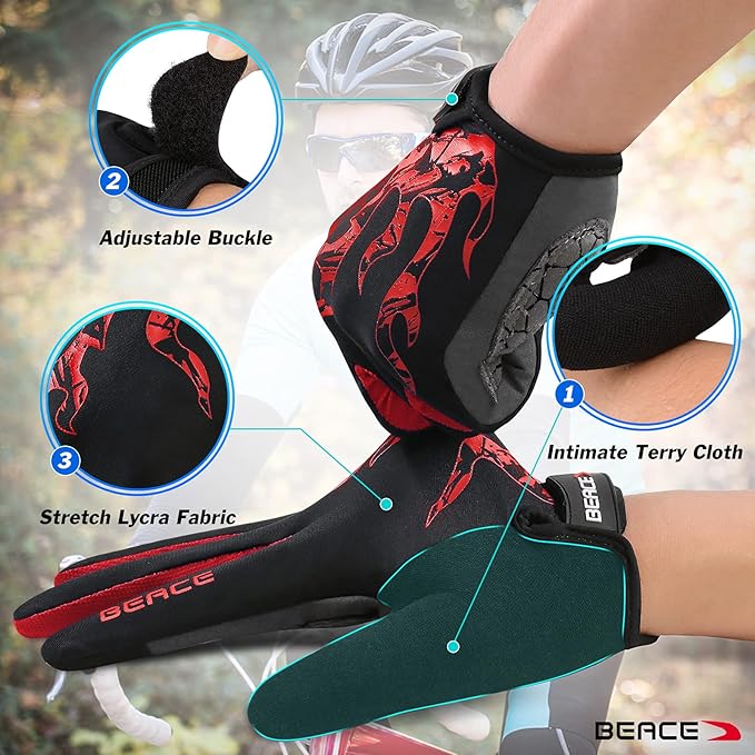 BEACE Cycling Gloves for Men Women - Full Finger Mountain Bike Gloves With Touch Screen and Anti-Slip Silicone Palm - Workout and Road Bicycle Gloves