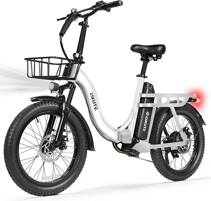 ESKUTE Electric Bike for Adults – 1200W Peak Motor, Folding 20x3 Fat Tire E‑Bike, 48V 10.4Ah Battery, Step‑Through Cargo Fold Ebike, NFC Unlock, 28 MPH, 7‑Speed, Up to 55 Miles