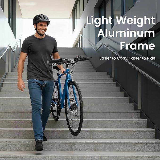 MOPHOTO Hybrid Bike for Adults, 700C City Commuter Bicycle, Lightweight Aluminum Frame, 8-Speed Urban Fitness Bike for Men&Women, Dual Disc Brakes, Upright Flat Handlebar, LED Headlight & Reflectors