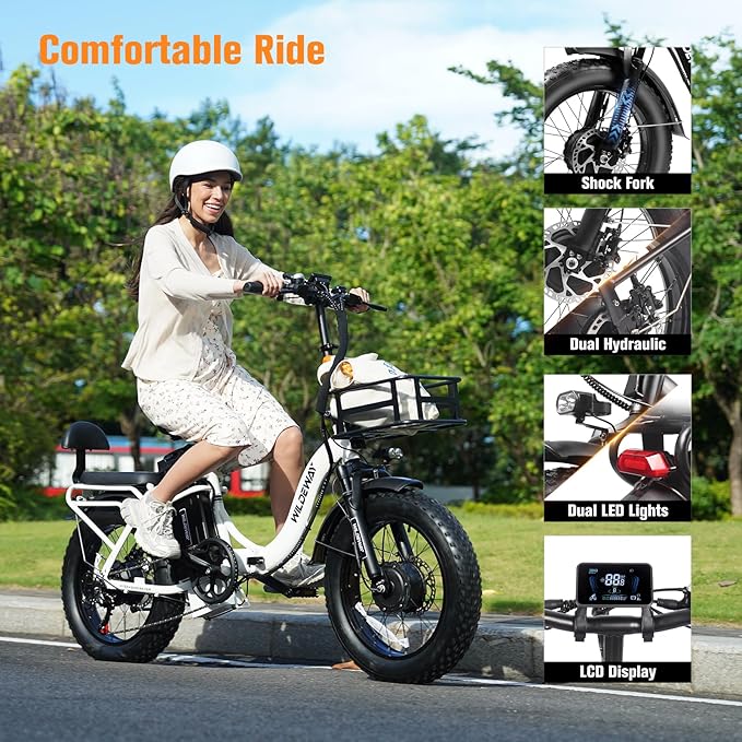 Wildeway Folding Electric Bike for Adults,2000W Dual Motor Ebike 20x4.0 Fat Tire All-Terrain 28MPH,48V 32Ah Removable Battery,7-Speed,Dual Hydraulic Disc Brake,City Commuting Delivery Bicycle