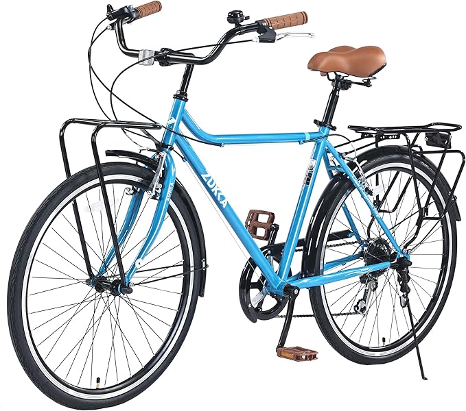 Vintage Style 26 Inch Adult Cruiser Bicycle Hybrid Bike 7 Speeds Commuter Bike for Women, Men, Seniors, SHMANO Shifter and derailleur Step-Over Steel Frame,Double Cargo Rack，4 Colors