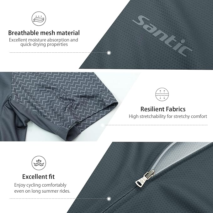 Santic Men's Cycling Jersey Short Sleeve Tops Pro Road Bike Shirt Full Zipper UPF 50+ MTB Jersey with Pockets