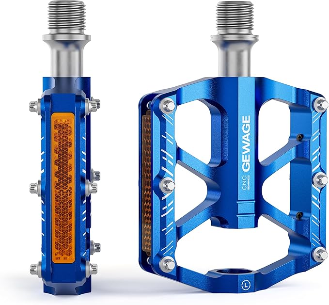 Mountain Bike Pedals - 3 Bearings Bicycle Pedals with Reflectors - 9/16” CNC Machined Flat Pedals with Removable Anti-Skid Nails for Road Mountain BMX MTB Bike