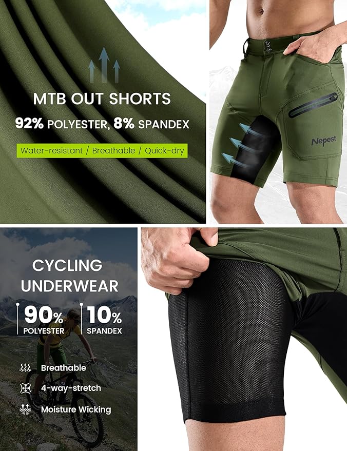 Nepest Mens Mountain Bike Shorts 3D Padded MTB Bicycle Riding Cycling Short Padding Liner Baggy Quick Dry,Zip Pockets