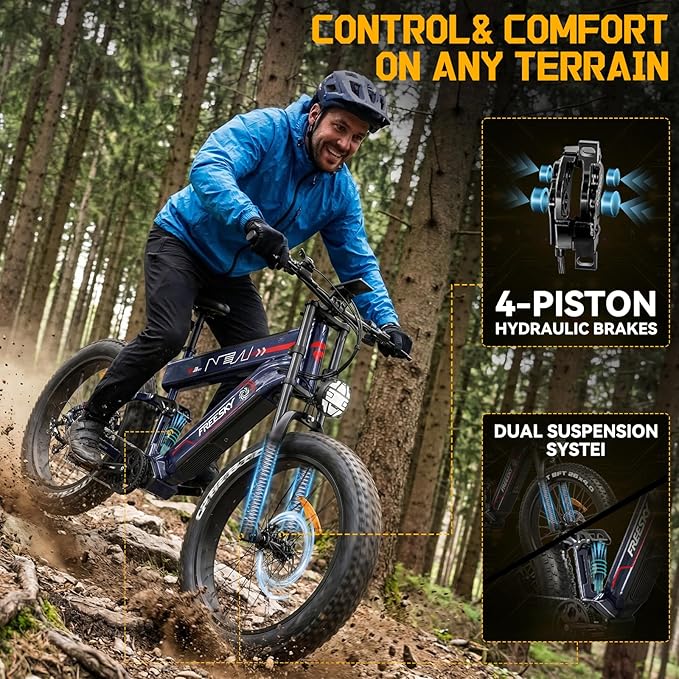 FREESKY Dual Battery 48V 41AH 160 Mile 40MPH Electric Bike for Adults, 4000W High-Torque Single Motor Long Range Fast Fat Tire Ebike, 26" Full Suspension Mountain E Bike, UL 2849 Certified by TÜV