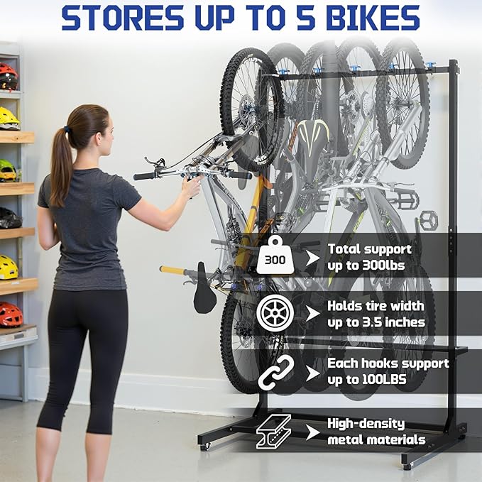 Freestanding Bike Rack with Caster Vertical Bike Storage Stand for Garage Indoor Bicycle Organizer Holds Up to 5 Bikes