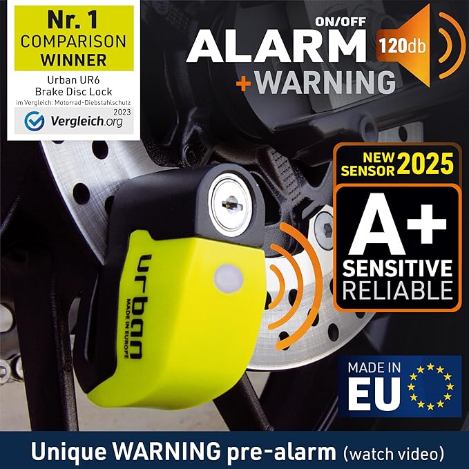 URBAN UR6 Hi-Tech Motorcycle Disc Lock with Smart Alarm | Best Value | 120dB, LED, Warning, A+ Sensitivity, Truly Waterproof, Long-Life CR2 Battery, Carried Locked, Bike Anti Theft Wheel Brake Locks