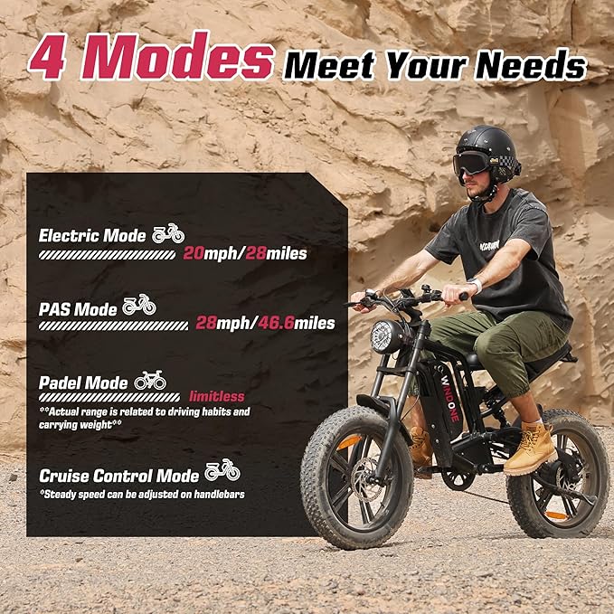 Windone E2 Electric Bike for Adults, Full Suspension, 48V13Ah Removable Battery, Up to 28MPH & 46.6 Miles (PAS), 1000W Ebike with All-Terrain 4.0" Fat Tires, Cruise Control, UL Certified, Moped E-Bike