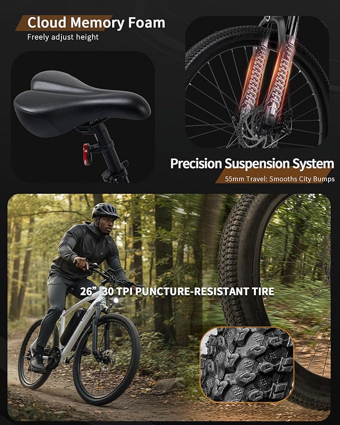 Electric Bike for Adults, 50/74 Miles 20 MPH Mountain EBike, Cadence/Torque Sensor with 500W Peak E Bike, 10.4/15.6Ah Removable Battery, 26“ Puncture-resistant Tires bike with Shimano 6-Speed