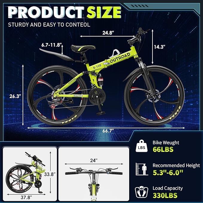 26 Inch Folding Mountain Bike, 21 Speed Full Suspension Bicycle Dual Disc Brake Non-Slip Quick Release tire for Adults Men Women(Balck/Pink/Green/Orange/White/Purple)