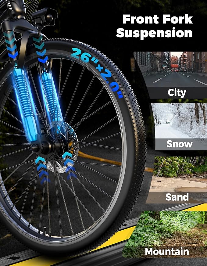 Electric Bike for Adults, 1500W Peak Mountain Ebike with 28 MPH, 65 Miles Range, 7 Speeds, 48V 10Ah Removable Battery 26" Ebike for Commute
