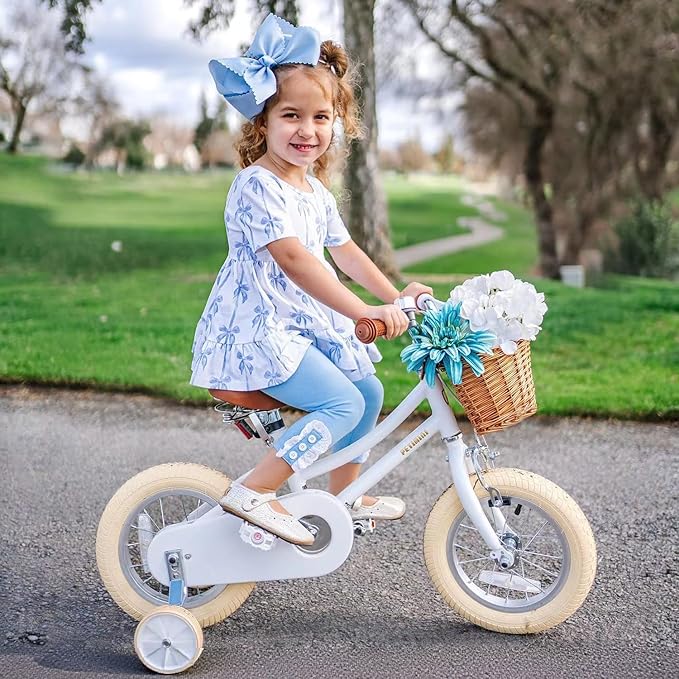 Petimini Vintage Kids Bike for Girls, 12–20 Inch Classic Bicycle with Wicker Basket & Bell, High Tensile Steel Frame, Training Wheels (12–18”), 85% Pre-Assembled, Retro Bike for Outdoor Riding