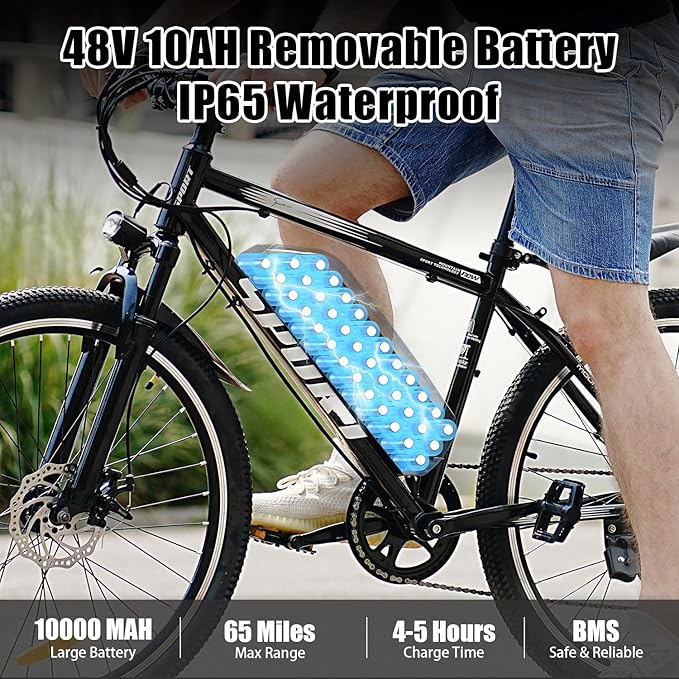 Electric Bike for Adults, 1500W Peak Motor, Up to 25 MPH, 65 Miles PAS Range, 48V 10Ah Removable Battery, Advanced Front Suspension, 7 Speeds, Compact Electric Mountain Bicycle, 26" Commuting Ebike
