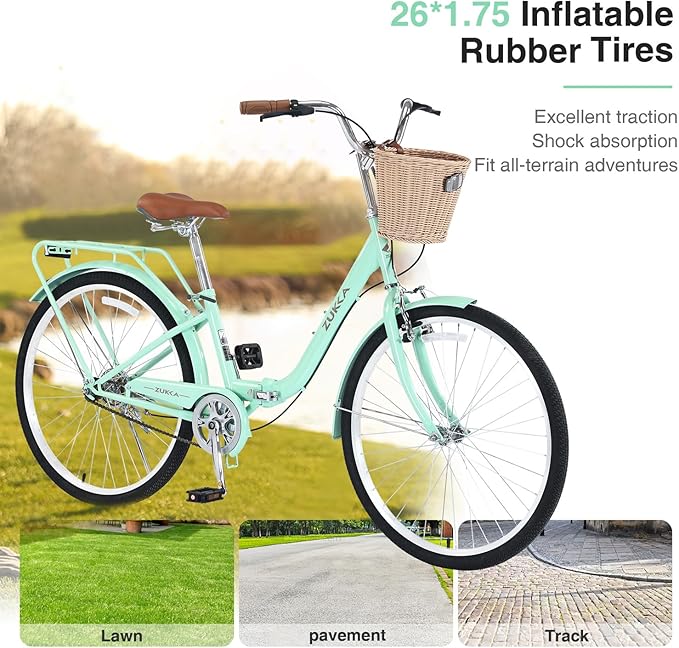 24/26 inch Female Bicycle Single Speed Folding Lady Bike, Durable Steel Frame,Compact Design for Easy Storage and Commuting Multi Color