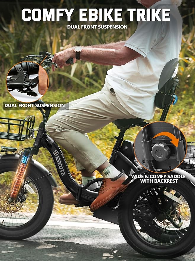 ESKUTE E Trike Electric Bike, Peak 1200W Brushless Motor Folding Trike 18X3.0 Fat Tire Ebike, 624Wh Removable Battery, Step-Thru 3 Wheel Electric Bicycle, Up to 55 Miles, 18MPH+ Tricycle for Adults