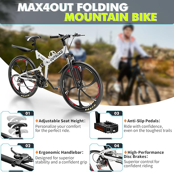26 Inch Folding Mountain Bike, 21 Speed Full Suspension Bicycle Dual Disc Brake Non-Slip Quick Release tire for Adults Men Women(Balck/Pink/Green/Orange/White/Purple)