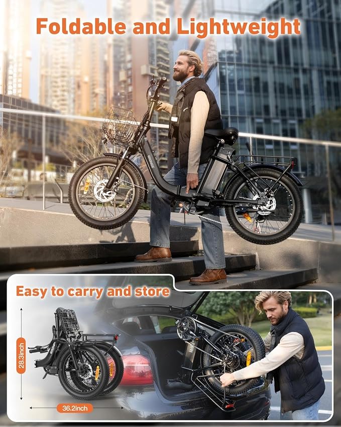 Electric Bike, 1000W Peak Folding Electric Bike, 486Wh 70 Miles Range Ebike, Waterproof Removable Battery, 7 Speed, 25 MPH Max, 20" Step-Thru Bicycle with Front Basket