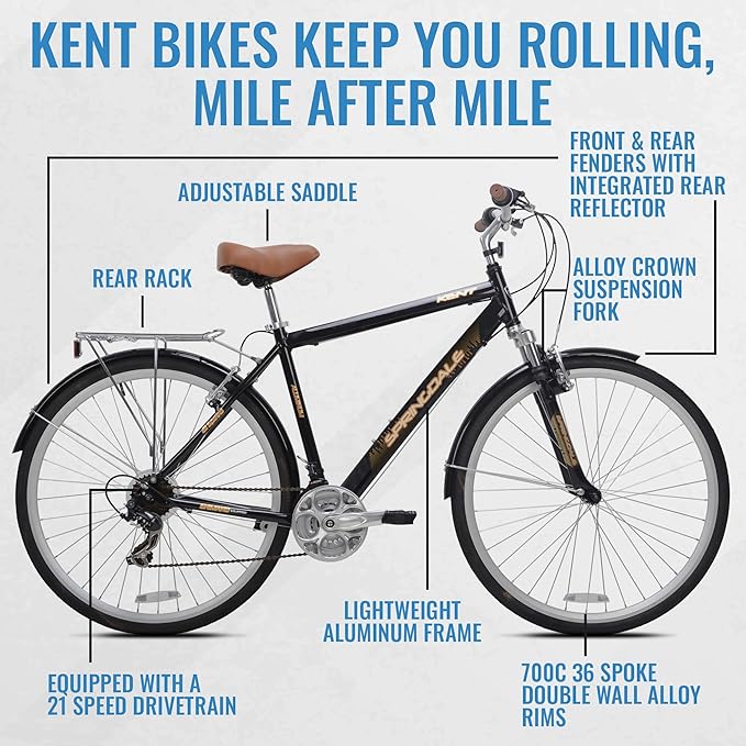 Kent International Springdale Hybrid Bicycle - 700c ‎Hybrid Bike with 21-Speed Rear Shimano Derailleur Drivetrain - Lightweight Mountain Bike with Aluminum Frame for Premium Cycling