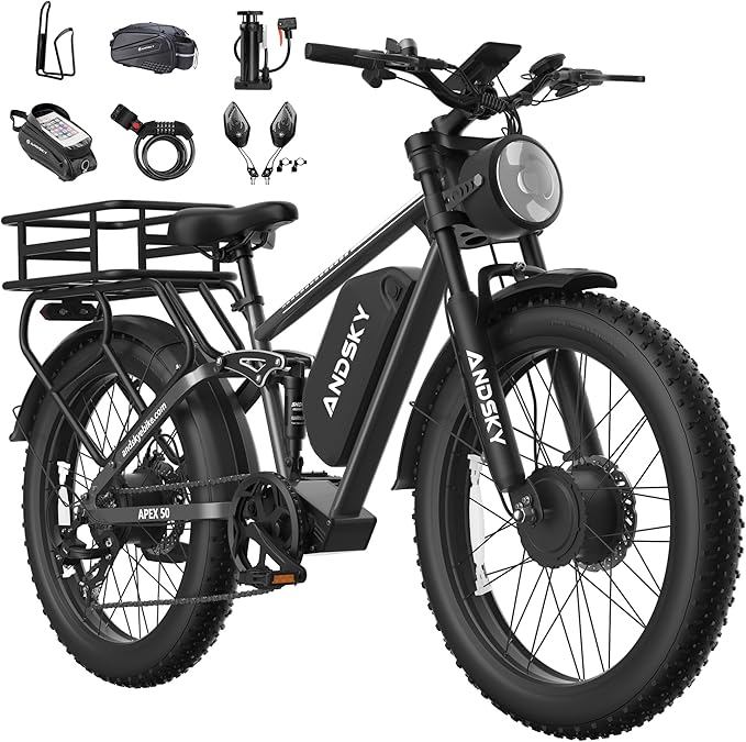 Apex 50 Electric Bike Dual Motor for Adults (CA Immediate-De'livery) 52V 25AH/48V 25AH, 26" Fat Tires Full Suspension 35MPH/100Mile, Hydraulic Brake