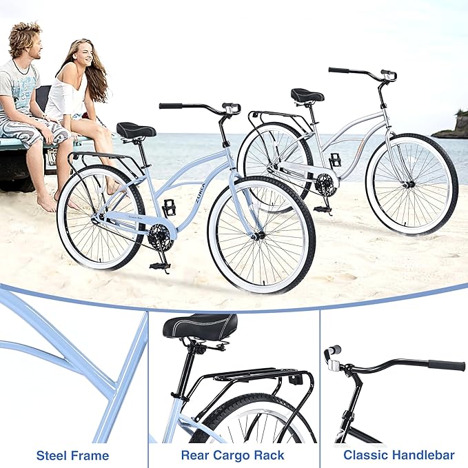 Multiple Colors Adult Beach Cruiser Bike, Single Speed Bicycles 26" Inch, Fixed Gear Bike, Wide Wheels for Stability, Rear Coaster Brakes, Multiple Speed Options
