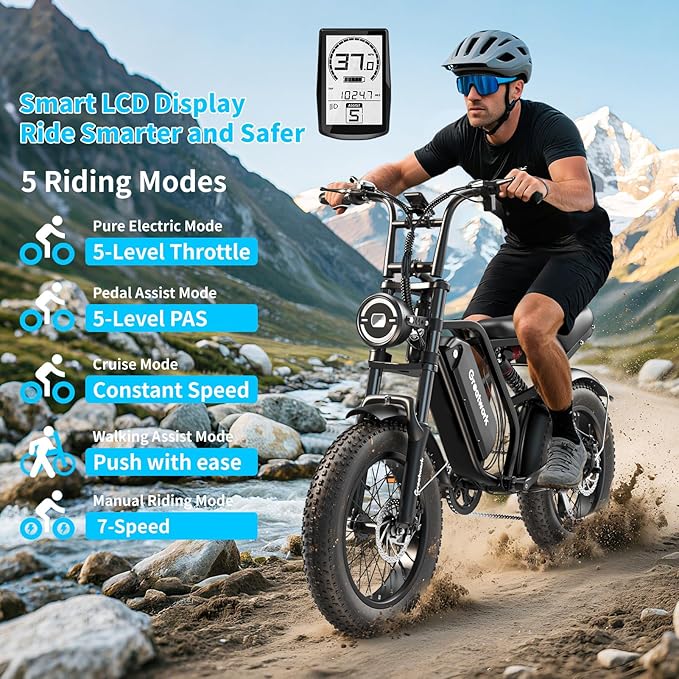 GREATWORK 2500W Peak Electric Bike for Adults, 1200Wh Removable Battery, Max 37MPH & 100 Miles Electric Dirt Bike with Full Suspension, 20"x4" Fat Tire Motorcycle Style Commuter Ebike for Men Women