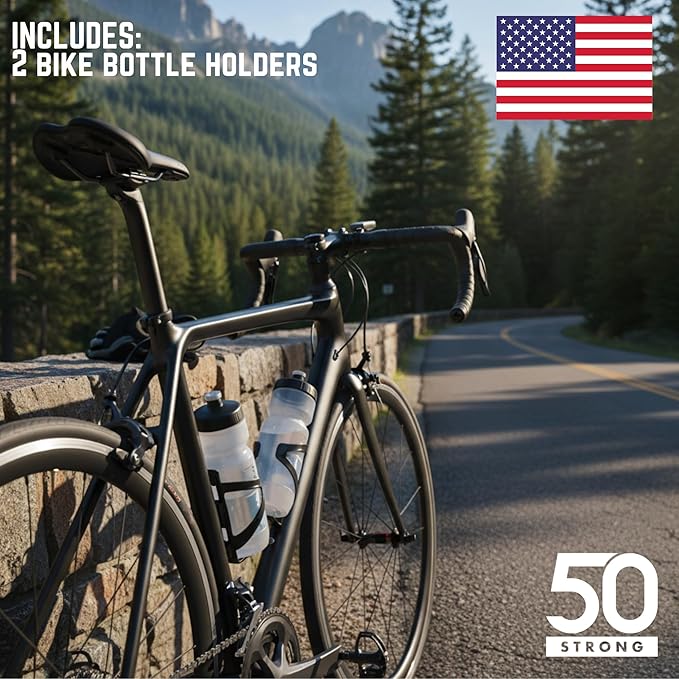 Bike Water Bottle Holder & Bottle Combo – 2-Pack 22 oz Sports Squeeze Bottles with Pull Top Cap & Easy-Install Bike Cage – Made in USA – 50 Strong Brand