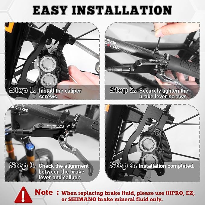 BUCKLOS IIIPRO IV4 4 Piston MTB Hydraulic Disc Brake Set, Front 850mm and Rear 1550mm Mountain Bike Hydraulic Brakes with Aluminum Alloy Caliper Lever Fit Ebike,Fat Bike Trail Bicycle XC AM DH BMX