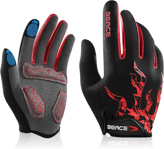 BEACE Cycling Gloves for Men Women - Full Finger Mountain Bike Gloves With Touch Screen and Anti-Slip Silicone Palm - Workout and Road Bicycle Gloves