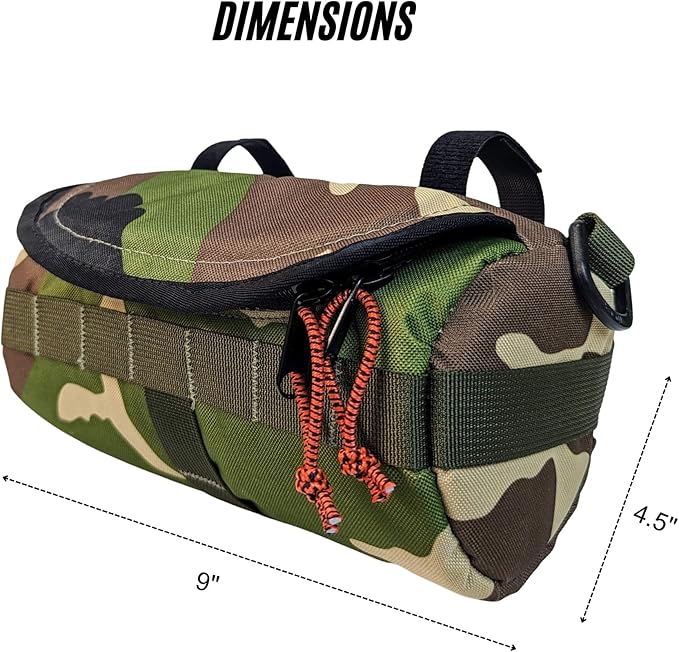 Handlebar Bag (Blazin Camo Burrito) | 2 Liter Capacity | Spacious Bike Bag w/ 2 Extra Long Buckle Straps & 1 Hook-and-Loop Strap | Water Resistant Front Basket | Bike Accessories | Made in USA
