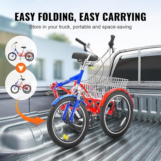 VEVOR Folding Adult Tricycle,Adult Folding Trikes, 3 Wheel Cruiser Bike with Large Basket & Adjustable Seat, Shopping Picnic Foldable Tricycles for Women, Men, Seniors