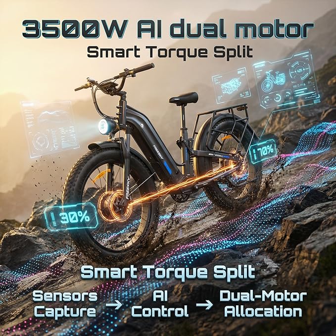 FREESKY Ranger AIR Dual Motor Electric Bike for Adults, 3500W 200NM Fast Ebike,105Miles Long Range E Bike,Full Suspension Electric Mountain Bike, 26'' Fat Tire Electric Bicycle for Man Womens Hunters