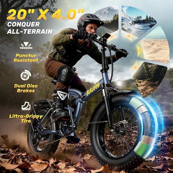 Folding Electric Bike for Adults and Seniors, 1000W Motor 48V 20AH Battery 30MPH 80 Miles, 20" Fat Tire All Terrain Ebike, 7-Speed Commuter E Bike, Step-Thru Electric Bicycle for Women and Teens