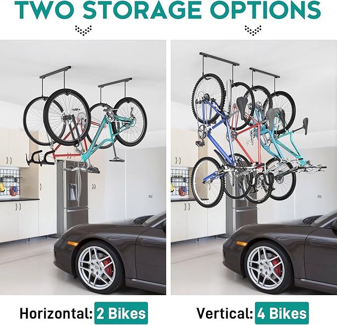 EVERHANGER Ceiling Mounted Bike Racks for Garage, Indoor Bike Storage Hanger with Adjustable Cycling Hooks for 2 to 4 Bikes, Holds up to 260lbs