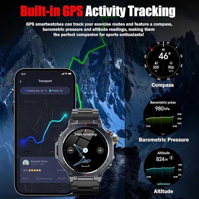 Military Smart Watch for Men Built-in GPS with LED Flashlight Compass, 1.43" AMOLED Display 5ATM Waterproof Fitness Tracker with Heart Rate/Sleep/Blood Oxygen, Watches for Android/iPhone, Black