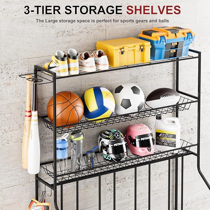 4 Bike Stand, Bike Rack Garage with 3-Tier Storage Rack, Bicycle Stand for Garage Organizer, Indoor Sporting Gear Storage Station for Mountain/Road/Hybrid & Fat Tire Bike, Patent Pending