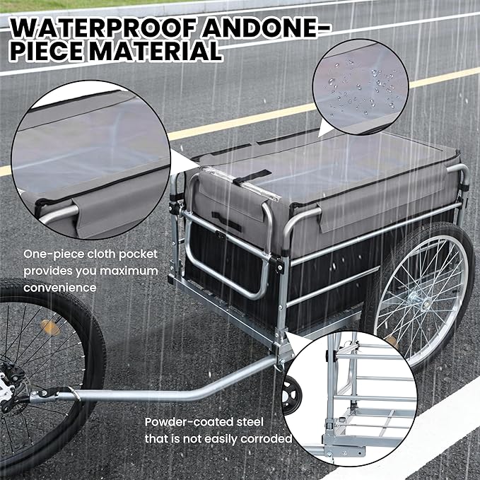 Aluminum Bicycle Trailer, Foldable Bike Cargo Trailer with Universal Hitch, Removable Oxford Fabric Cover, Bicycle Trailers Folding, for Camping, Groceries, 220 LBS Load Capacity, Black+Gery