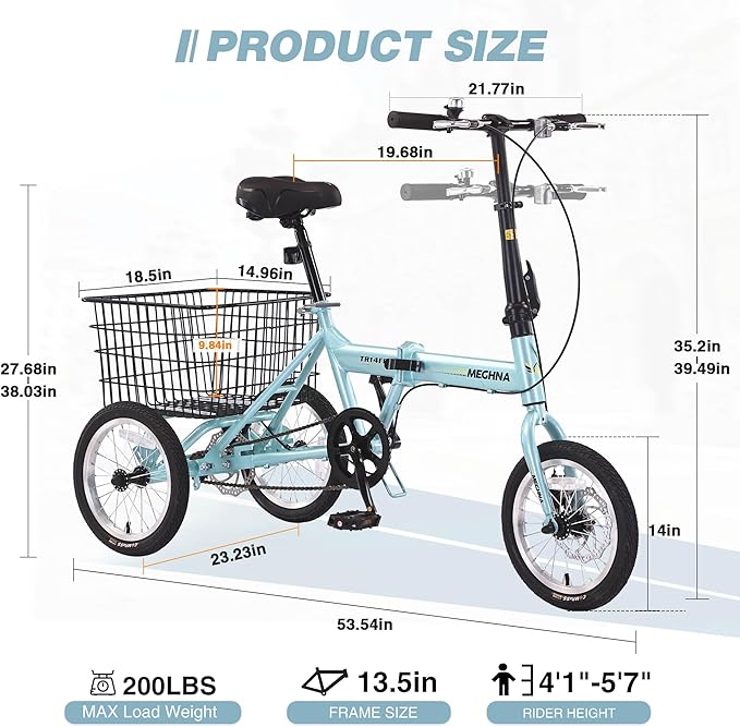 14 inch Folding Tricycle Dual Disc Brake Three Wheel Cruiser Bike Large Capacity for Adult