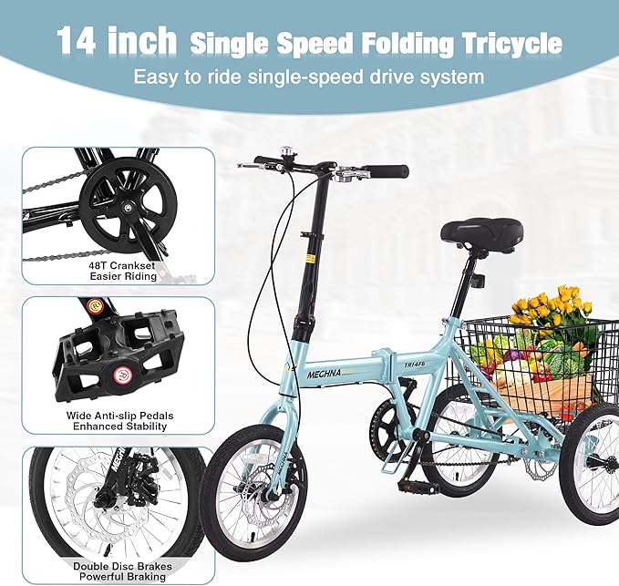 14 inch Folding Tricycle Dual Disc Brake Three Wheel Cruiser Bike Large Capacity for Adult