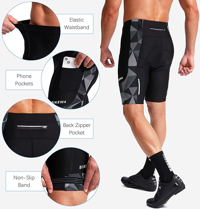 Bikewa Men's Bike Shorts 3D Padded Cycling Road Biking Mountain Riding Biker Bicycle UPF 50+ Cycle Shorts Zipper Pockets