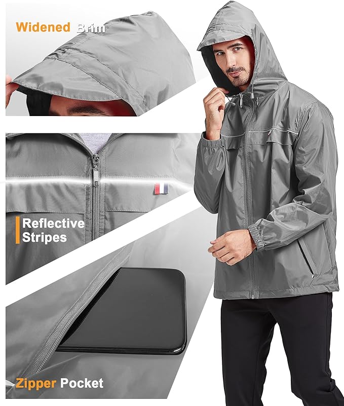 GEEK LIGHTING Rain Jacket Men Lightweight Waterproof Jackets Packable Windbreaker Hooded Raincoat for Golf Cycling Outdoor