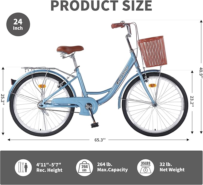 24/26 Inch Adult Comfort Bike for Women, Women Commuter Bicycle Single Speed with Rear Rack and Basket, Comfortable City Bikes Ergonomic Upright Design for Women, Men and Teens