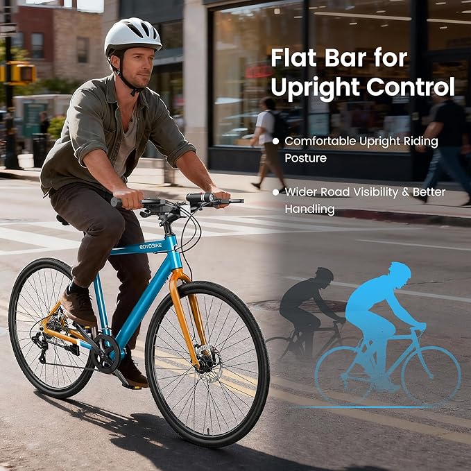 MOPHOTO Hybrid Bike for Adults, 700C City Commuter Bicycle, Lightweight Aluminum Frame, 8-Speed Urban Fitness Bike for Men&Women, Dual Disc Brakes, Upright Flat Handlebar, LED Headlight & Reflectors