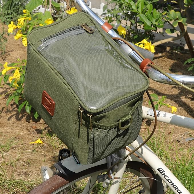 TOURBON Nylon Bike Handlebar Bag with Shoulder Strap, Insulated Cooler Bag Bicycle Front Basket Storage Pouch with 6.5 inch Transparent Pouch