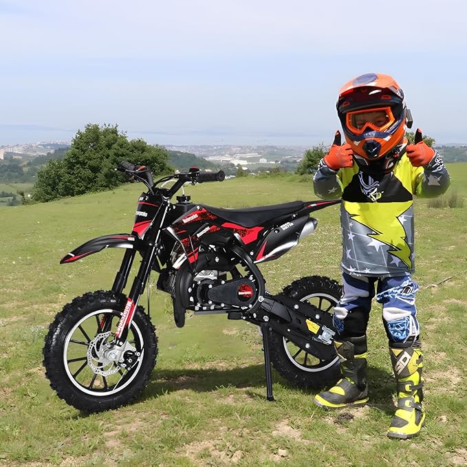 cdar Kids Dirt Bike, 49cc Gas Dirt Bike for Teens - 25MPH 2-Stroke Pit Bike with Hydraulic Disc Brakes & 10" Off-Road Tires Ages 13+ Max180lb Load Christmas for Boys Girl Red