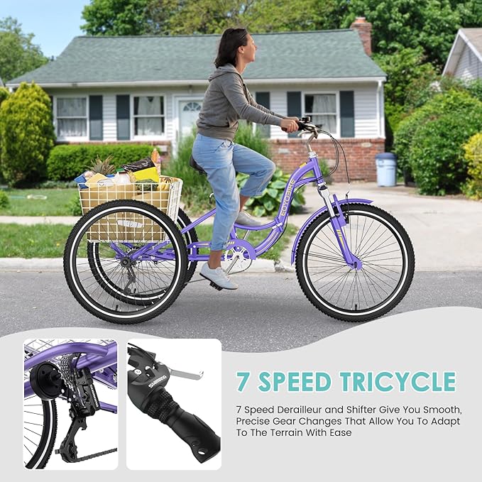 LILYPELLE Adult Folding Tricycles, 7 Speed Folding Adult Trikes, 20/24/26 inch 3 Wheels Bikes with Low Step-Through, Large Basket, Foldable Tricycle for Adults, Women, Men, Seniors